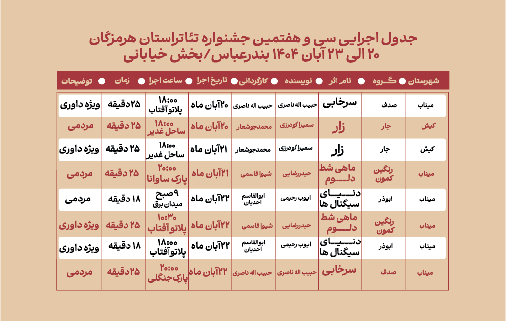 انتشار جدول اجرایی سیوهفتمین جشنواره تئاتر استان هرمزگان 10